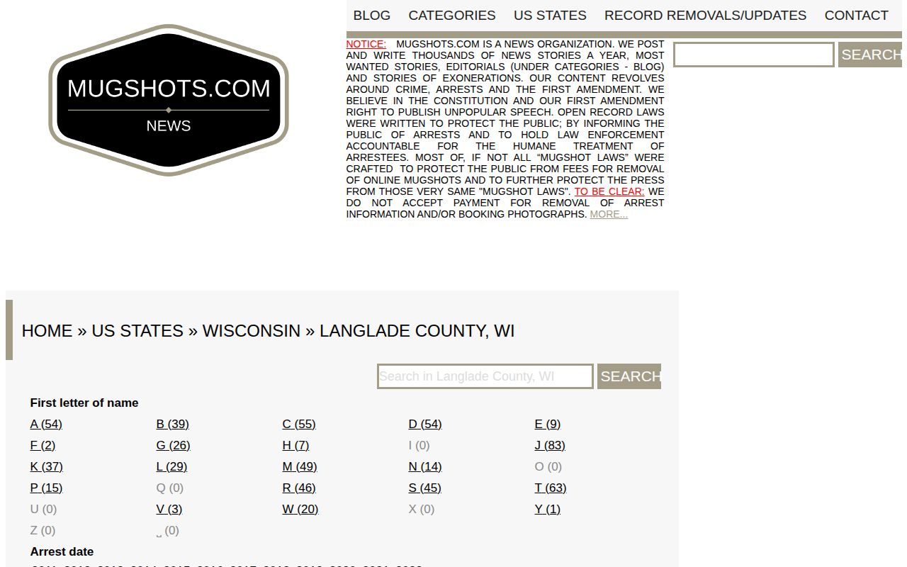 Historical unofficial Langlade County mugshot publisher page, not a current booking source