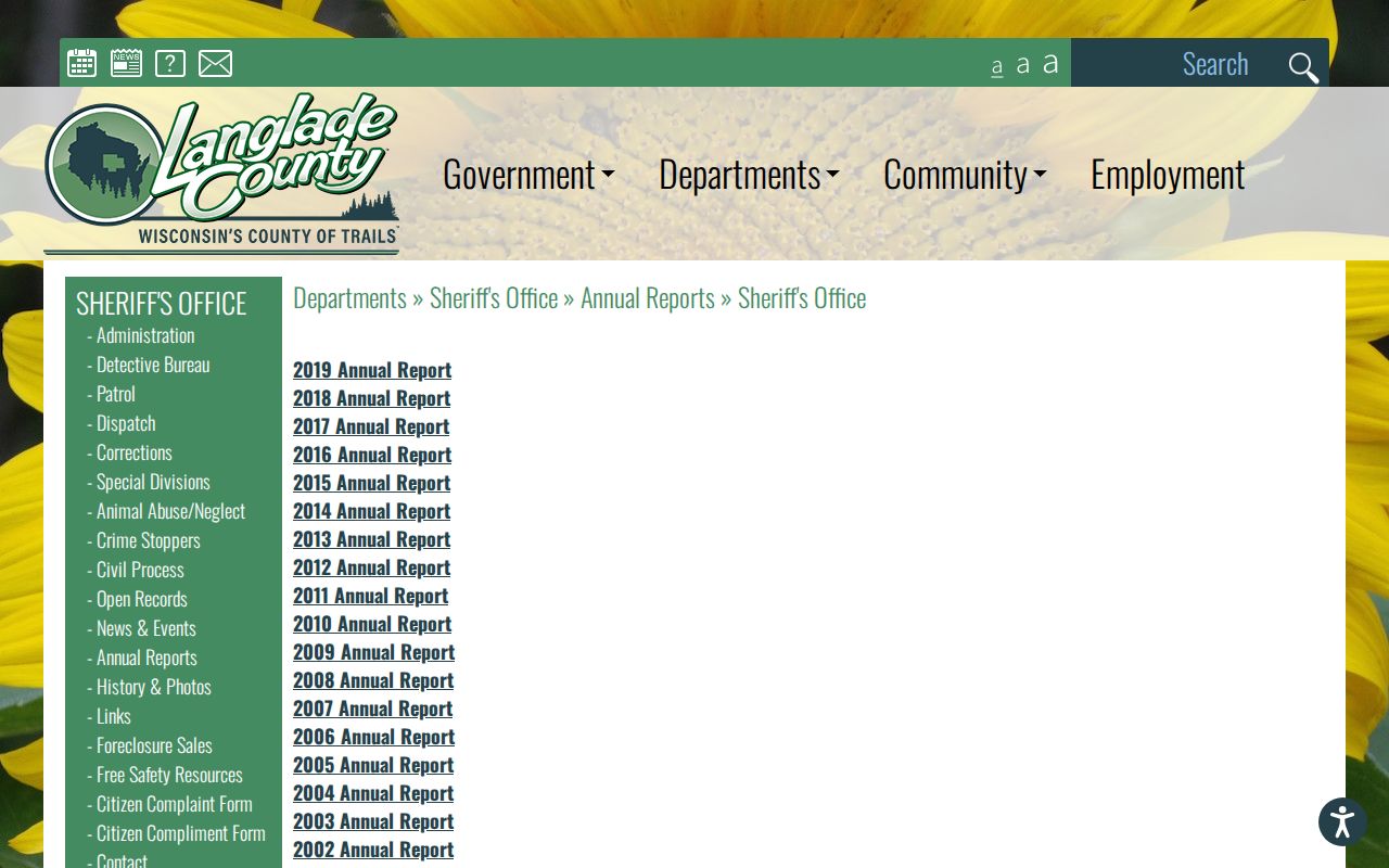 Langlade County annual reports page, a historical reporting source rather than a live arrest log