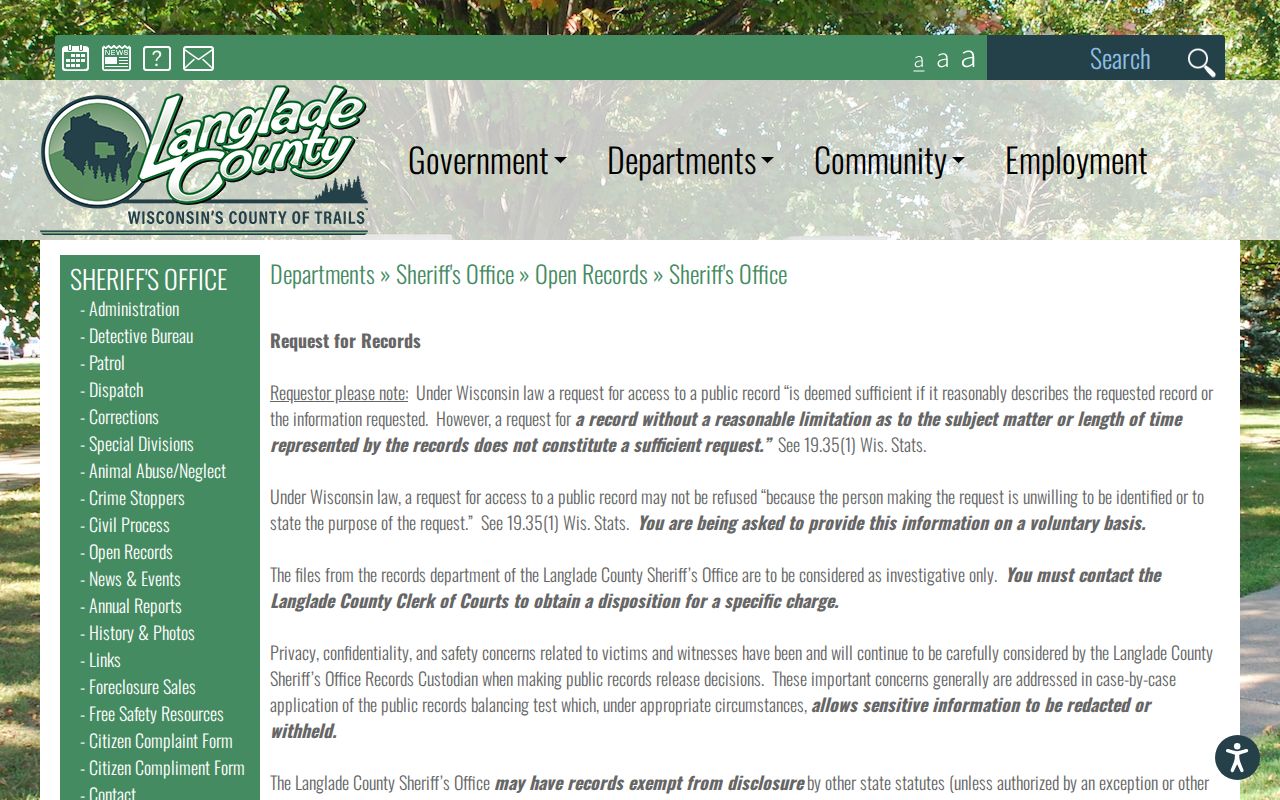 Langlade County Sheriff open-records page for booking record and photograph requests