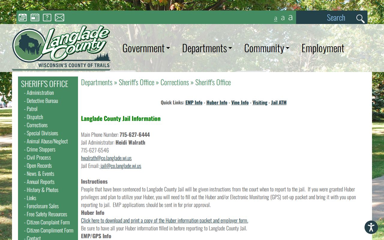 Langlade County Jail corrections page showing official booking and custody access context